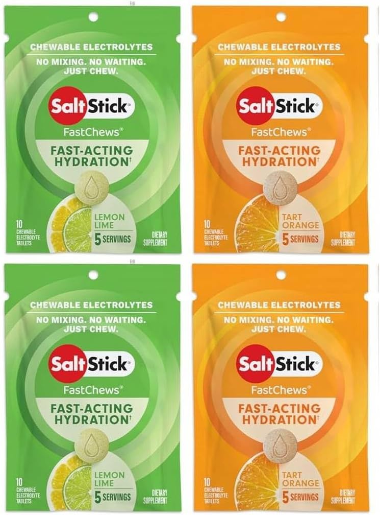 SaltStick FASTCHEWS® Resealable, Variedad 4 Pack de Tart Orange &amp; Zesty Lemon-Lime