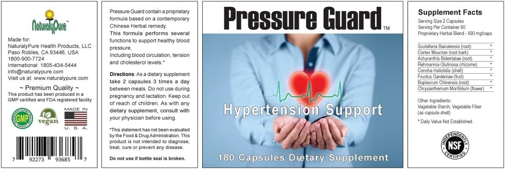 Guardia de presión - El suplemento completo de hipertensión natural para apoyar el nivel de presión arterial saludable con una fórmula herbal única. 180 Vegan Capsules, Proudly Made in The USA.