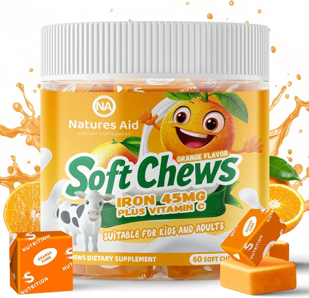Chewable Iron Supplement for Women & Men and Kids - Orange Flavor, Iron Vitamin C Soft Chew for Max Absorption, Iron as Ferrous Fumarate, Ideal for Iron Deficiency, 2 Month Supply