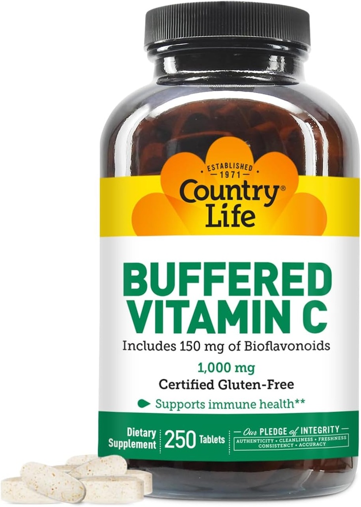 Vida en el País Vitamina C 1000mg con Bioflavonoides, Calcio, Magnesio, Potasio - Apoyo Inmunitario, Capsules Veganos, Libre de gluten, Gentle on Stomach - 250 Tablets
