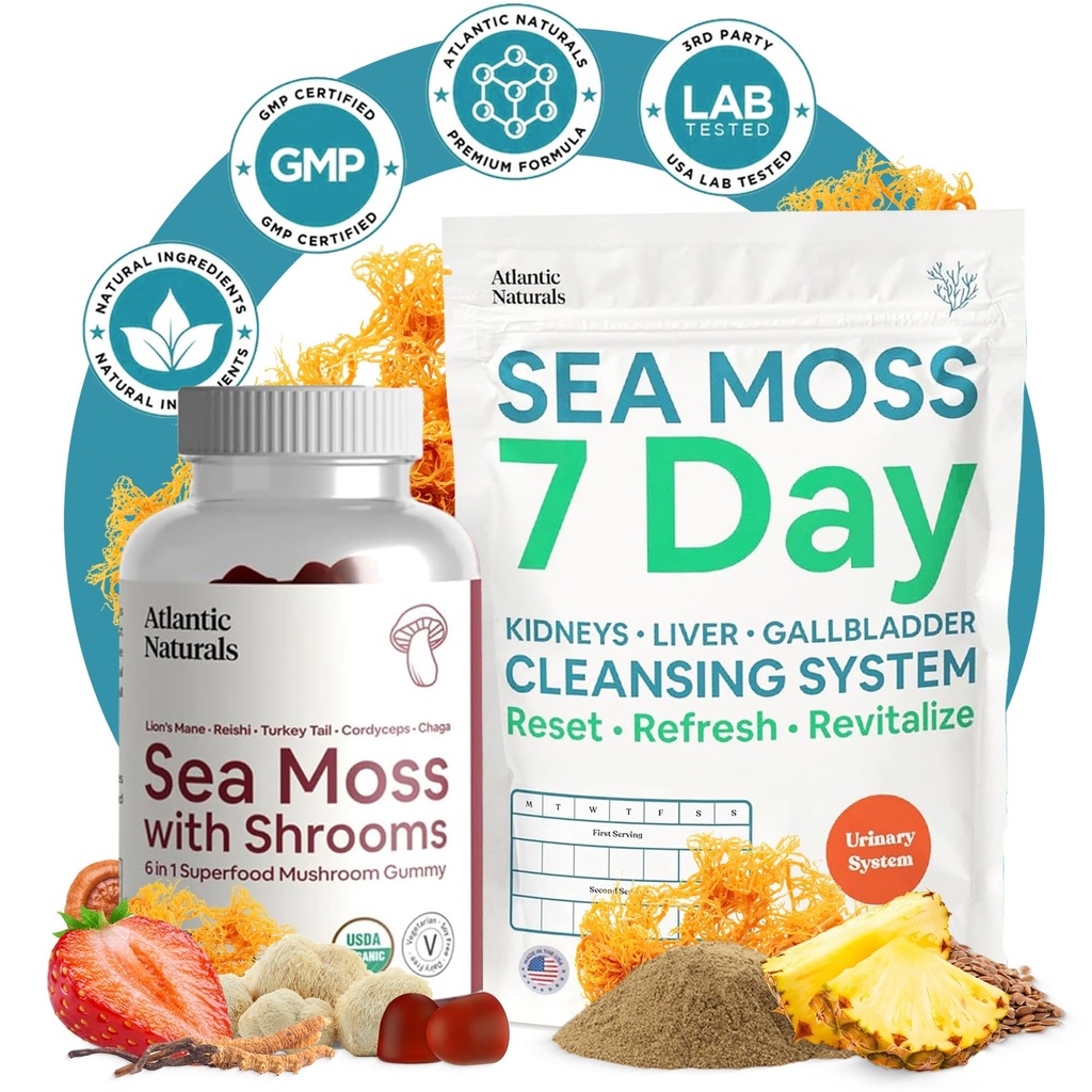 Atlantic Naturals Sea Moss Superfood Bundle - Sea Moss with Shrooms Gummies & 7-Day Kidney, Liver & Gallbladder Cleanse - Defensa, Focus &amp; Detox Support - Lion's Mane, Reishi, Dandelion Root &amp; More