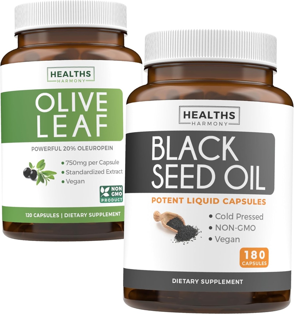 Hoja de oliva &amp; Black Seed Oil (3-Month Supply) Leaf &amp; Seed Bundle of Olive Leaf Extract (120 Capsules) Super Strength y Black Seed Oil (180 Capsules) Cold presionó Nigella Sativa Cumin Seed