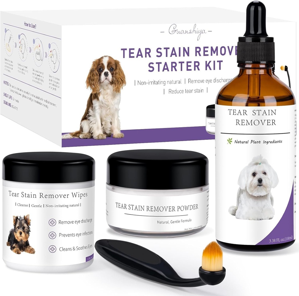 Dog Tear Stain Remover Starter Kit–Tear Stain Remover for Dogs Gently to Remove Tear Stains, Discharge & Mucus– Includes Stain Solution, Applicator Pads, Stain Powder & Brush– Lasts 30-45 Days