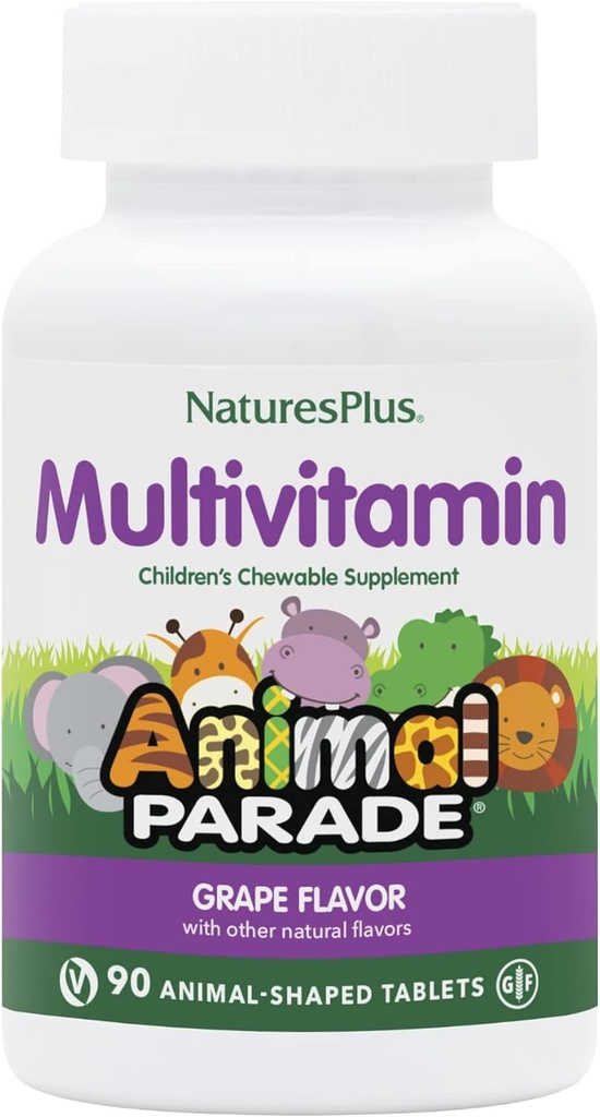 Natures Plus Animal Parade Multivitamina Agridulce para Niños - Grape Flavor - 90 Tablas con Forma de Animales - Promueve Salud &amp; Bienestar - Vegetariano, Gluten Gratis - 45 Servimientos