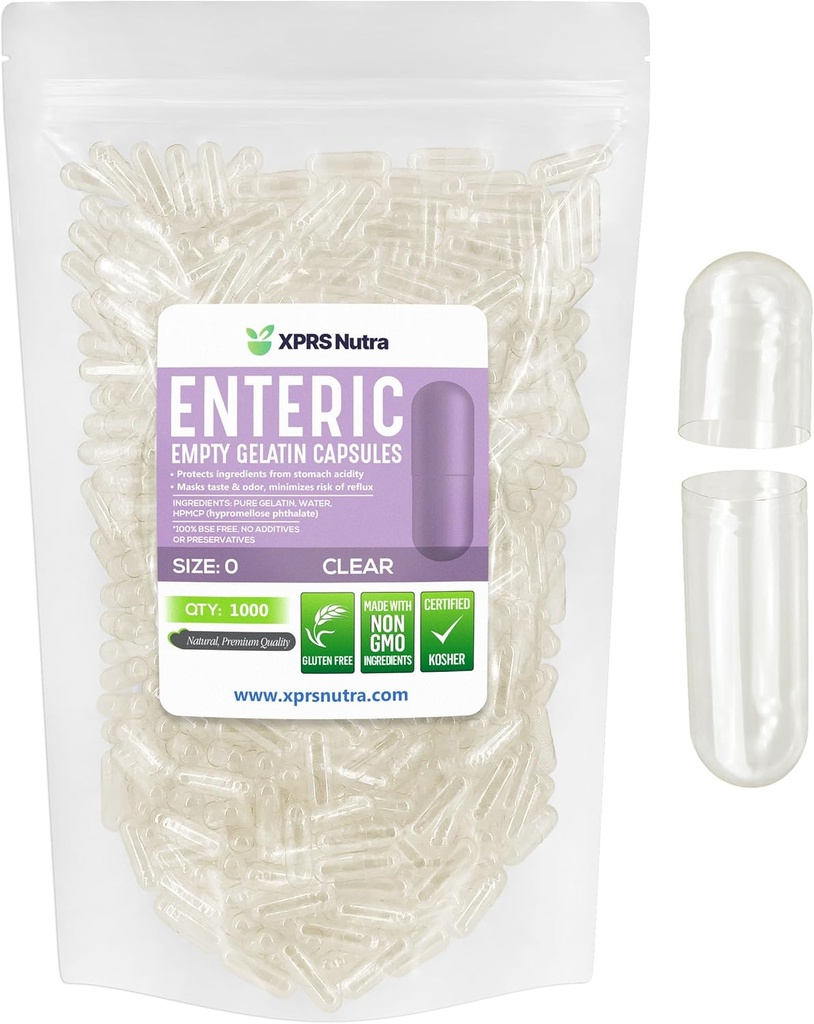 XPRS Nutra Tamaño 0 Empty Capsules - 1000 Conde Clear Enteric Coated Empty Gelatin Capsules - Delayed Release Pills - DIY Capsule Filling - Pure Bovine Empty Enteric Gel Caps