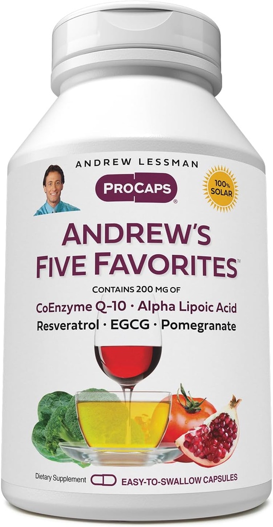 ANDREW LESSMAN Andrew's Five Favoritos 30 Capsules - Proporciona 200mg Cada una de Coenzima Q-10, Resveratrol, EGCG, Pomegranate and Alpha Lipoic Acid, Powerful Anti-Oxidant Support, No Additives