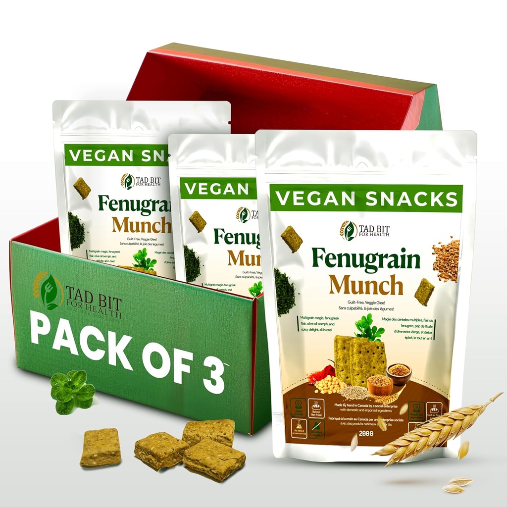 Tad Bit's Fenugrain Munch ← Premium India Handmade Salty Vegan Snacks Crackers Ø Plant Based Vegan Healthy Snacks for Adults and Kids ← Dairy Free, Sugar Free Snacks TEN Low Calorie Whole Wheat Digestive Biscuits (3 Pack, 600, Gram)