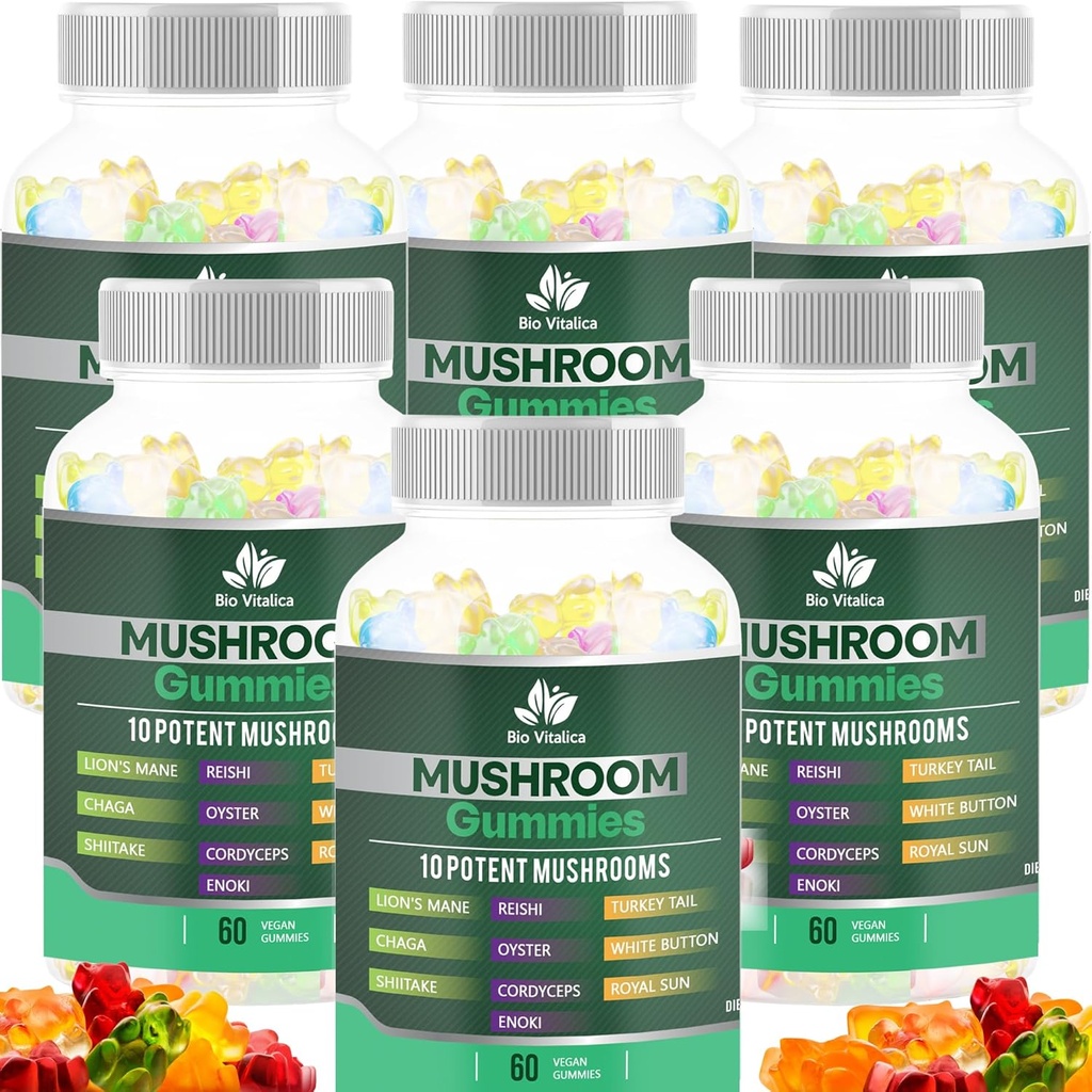 BIO VITALICA Mushroom Gummies – 10 Mushroom Complex with Lion’s Mane, Reishi, Chaga, Cordyceps &amp; More – Fruity Vegan Gummies – Non-GMO, Gluten-Free, Plant-Based – 6 Packs