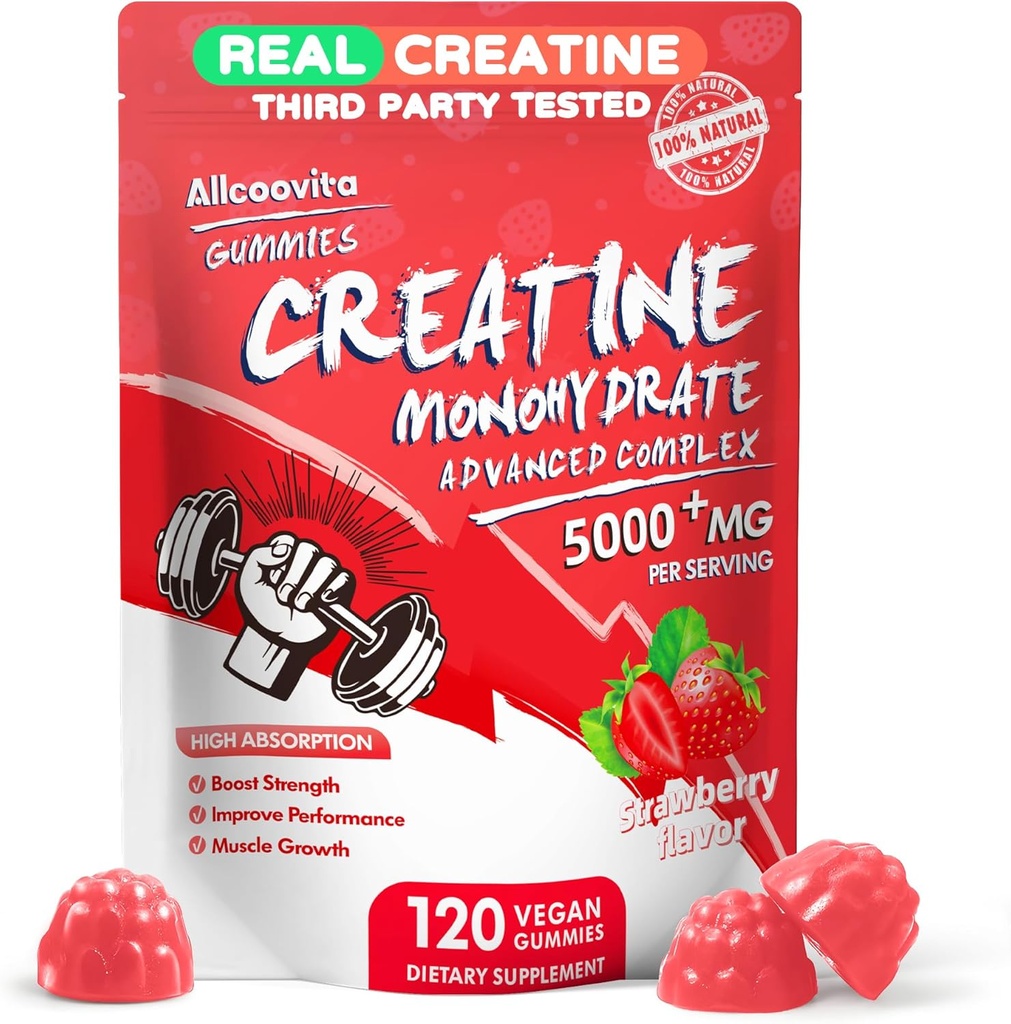 Complejo de Gummies de Monohidrato de Creatina para Hombres,5 Gram por Serving Electrolyte Creatine Gummy para Estrés muscular, Muscle Builder, Energy Boost, Pre-Workout Supplement-120 Strawberry Gummies