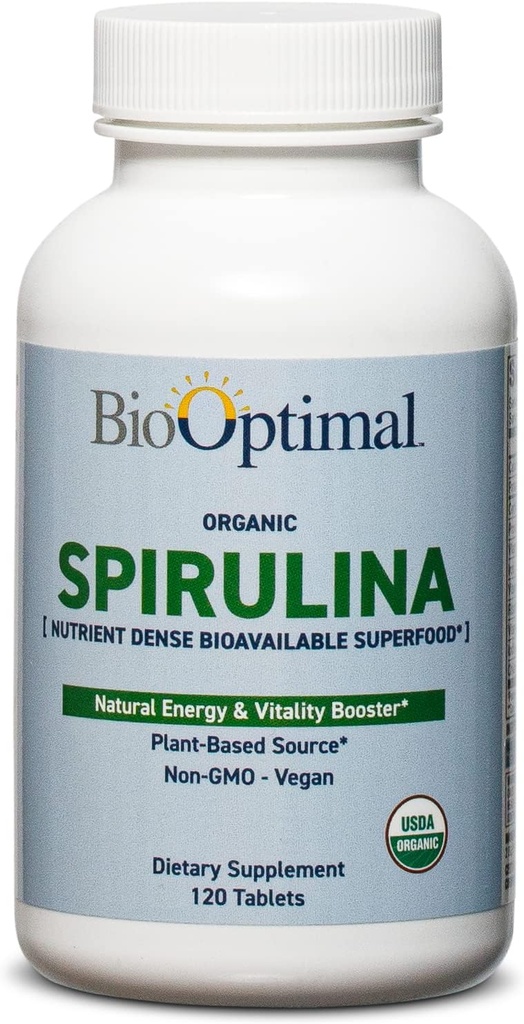 BioOptimal Organic Spirulina Tablets - Organic, Non-GMO, No Additives or Fillers - 500mg Premium Quality Suplemento dietético con Vitaminas, Minerales, & Antioxidantes (120 Tablets)