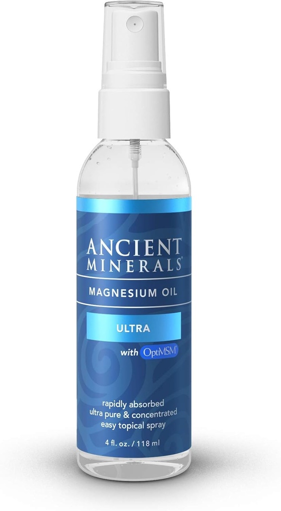 Ancient Minerals Ultra Magnesium Oil Spray with MSM - a Pure Zechstein Topical Magnesium Chloride with The Added Benefits of OptiMSM (4oz)
