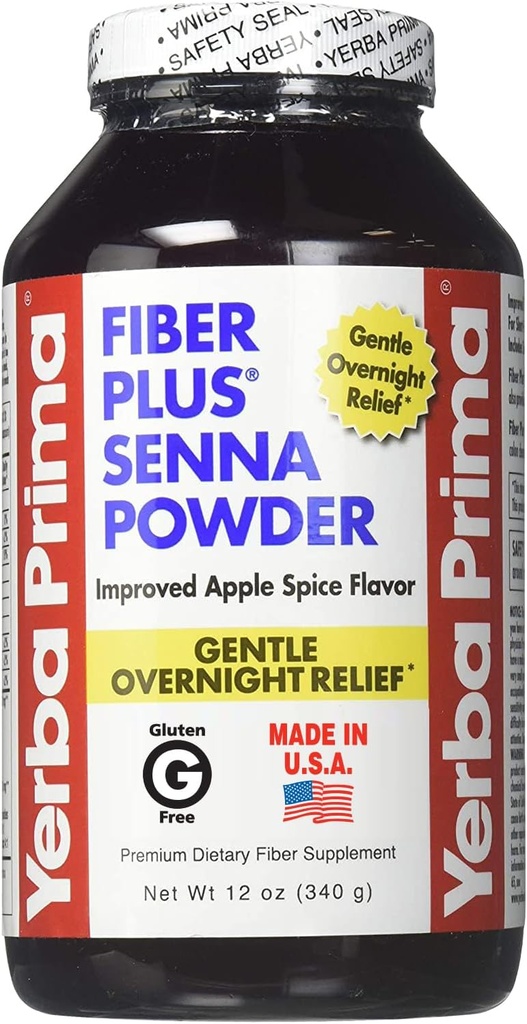 Yerba Prima Fiber Plus Senna Powder, 12 onzas - para uso a corto plazo para restaurar la regularidad, mejorada Apple Spice Flavor, Stevia Sweetened, proporciona un alivio suave durante la noche