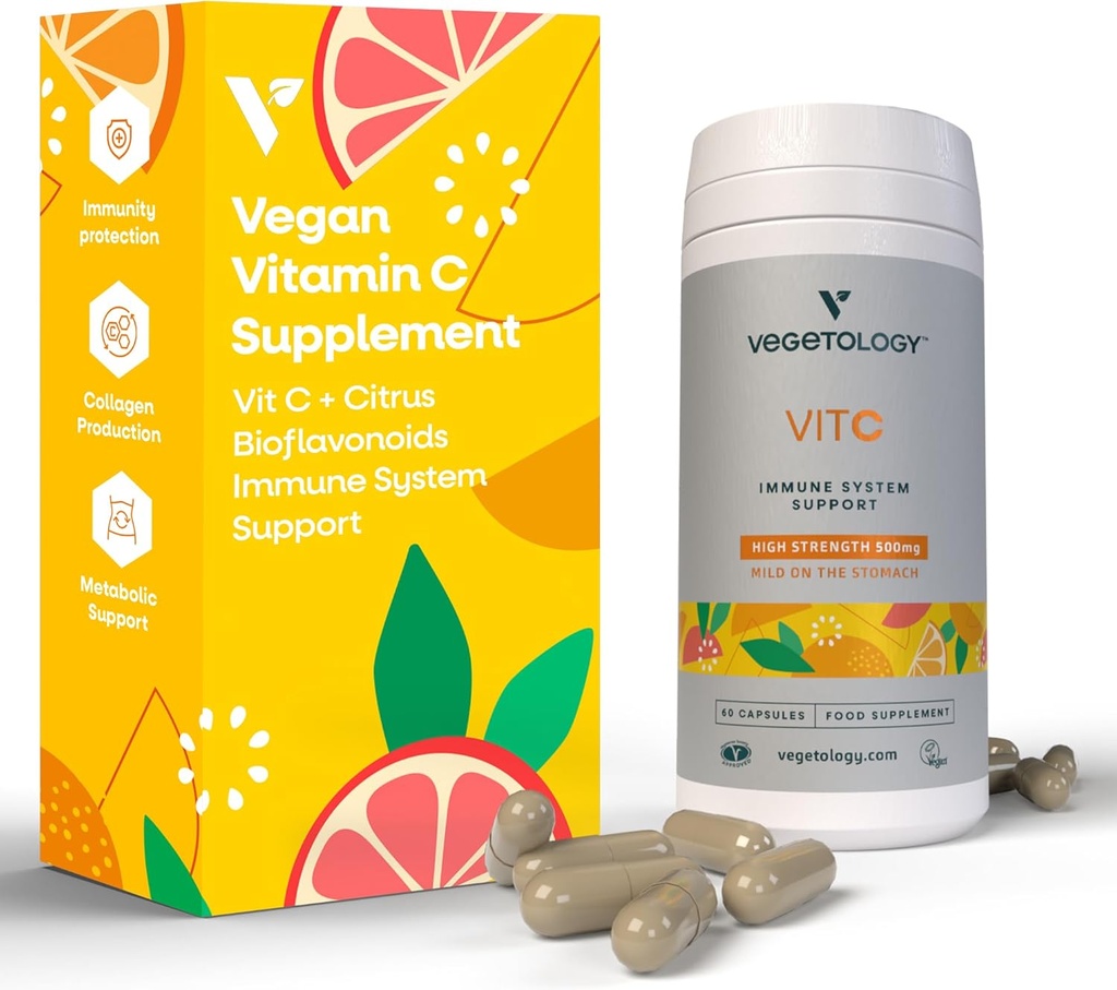 Suplementos veganos de vitamina C — VIT C + Citrus Bioflavonoides — Vitaminas y Suplementos de Salud — Suplementos diarios (60 cápsulas) — Vitamina C 500 mg cápsulas — Suplementos de antioxidantes