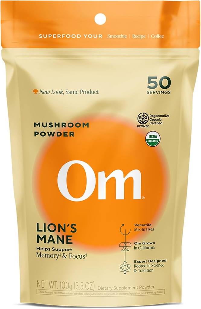 Om Lion’s Mane Mushroom Powder - Organic Mushroom Supplement and Nootropic - Support Memory, Focus and Nerve Health, 3.5 oz (50 Servings)​