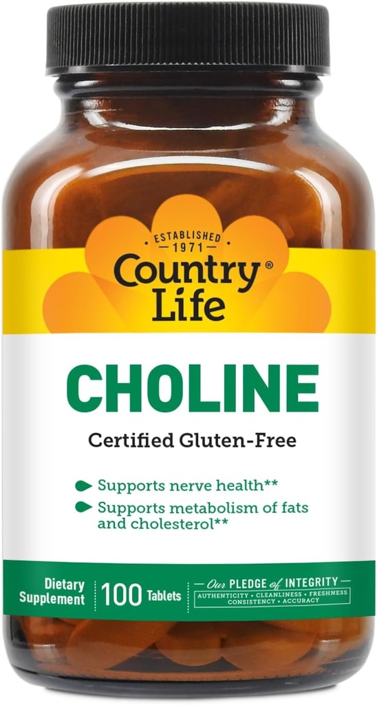 Country Life Choline 266mg, Certified Gluten Free, Certified Vegan, Certified Halal - 100 Cuadros