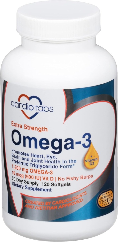 Omega-3 Extra Fuerza + Vitamina D3, Forma Triglicérida, 1300 mg Omega-3, 600 DHA / 600 EPA, con 600 UI Vitamina D3
