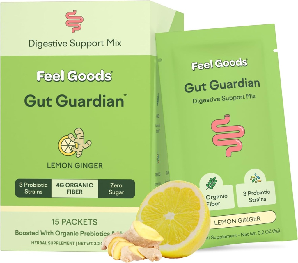 Feel Goods Gut Guardian, Fibra orgánica, Pólvora prebiótica, Gratuita de azúcar, hierbas para rubor, Gut Health Support, Digestive Health for Men &amp; Women, Non GMO, Vegan, Lemon Ginger, 15 Conde
