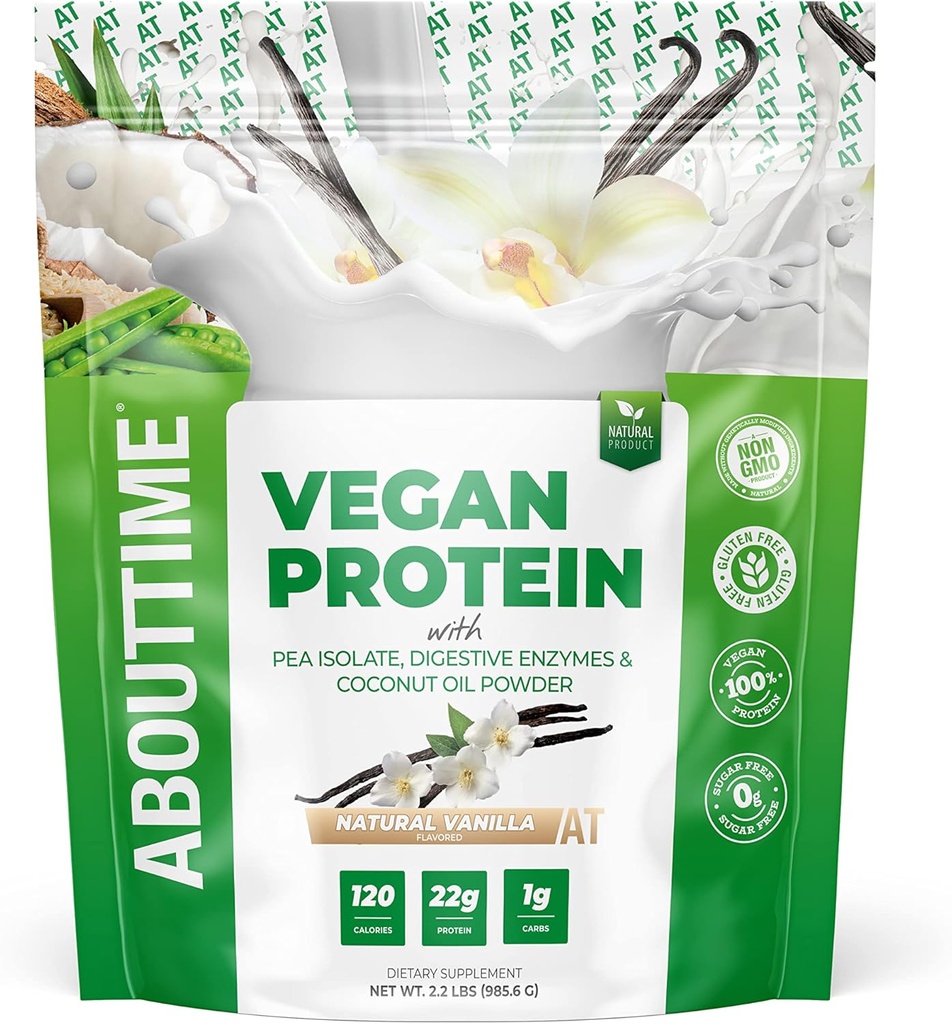 Acerca del tiempo Polvo de proteína vegano 22g Vainilla, Ingredientes Naturales, No GMO, Basado en Plantas, Libre de gluten, Soy Libre, Libre de lácteos, 32 Servimientos