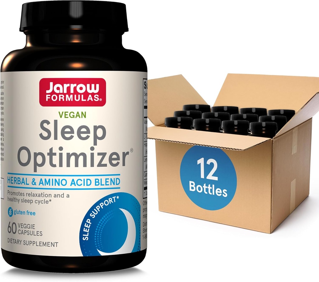 Jarrow Formulas Sleep Optimizer - 60 Veggie Capsules - Promueve el Ciclo de sueño saludable &amp; Relax - Incluye PharmaGABA, Hops Flower, Valerian, Melatonin &amp; L-triptófano 30 Servings, Pack of 12