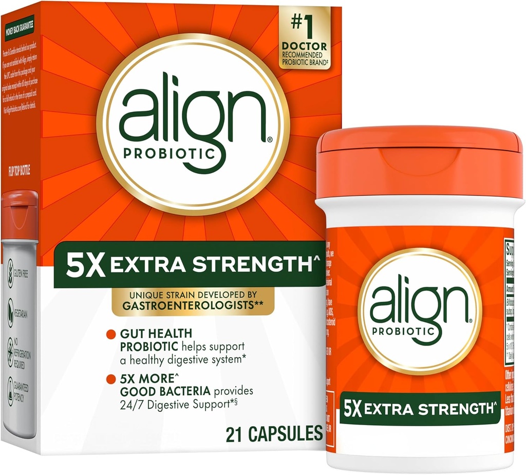 Align Probiotic Extra Strength, Probiotics for Women and Men, #1 Doctor Recommended Brand‡, 5X Más Good Bacteria^ to Help Support a Healthy Digestive System*, 21 Capsules (Packaging May Vary)
