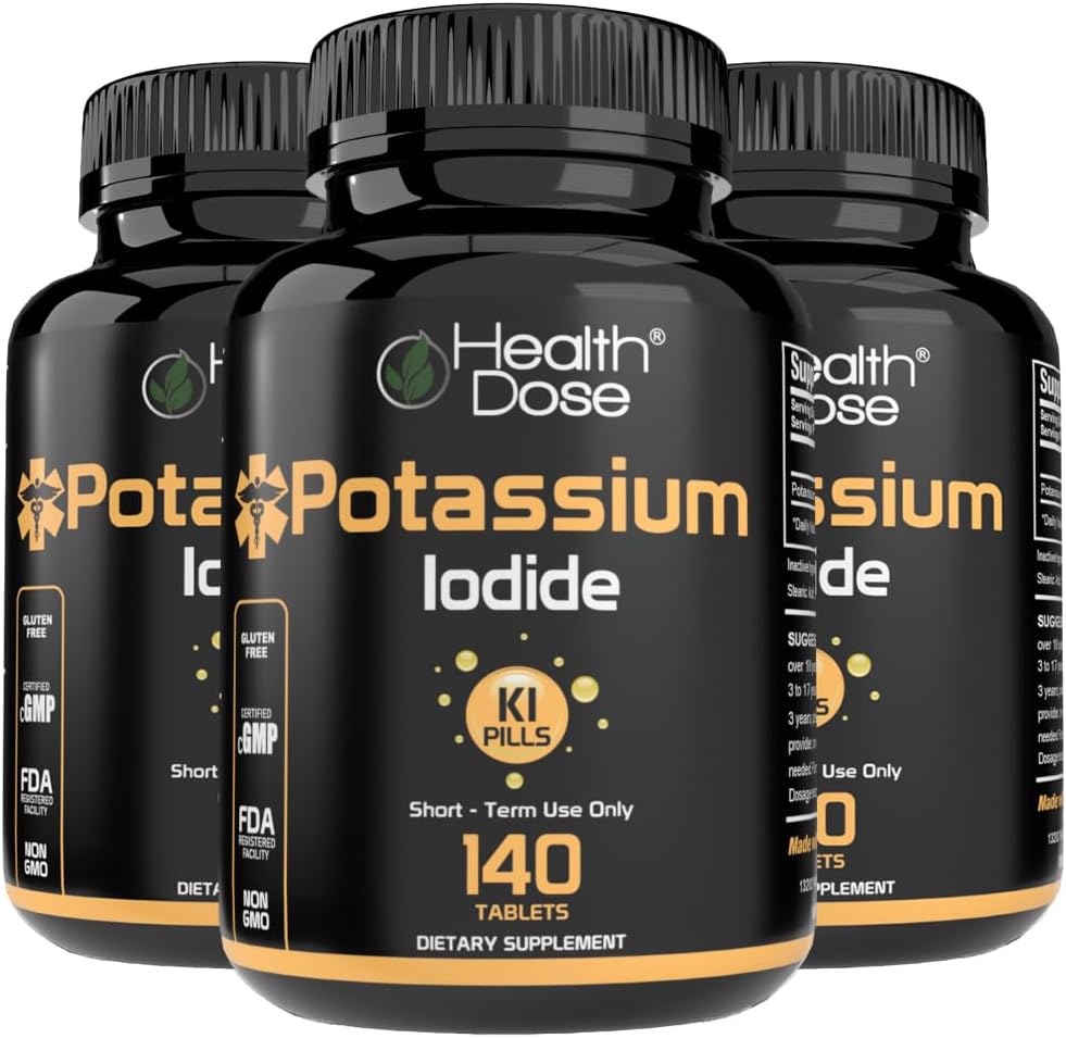 Potasio de dosis de salud + Iodida (KI) Tabletas – 130mg 140 Tabletas – para soporte de tiroides, metabolismo celular y equilibrio de electrolitos – no GMO, libre de gluten, GMP paquete certificado de 3