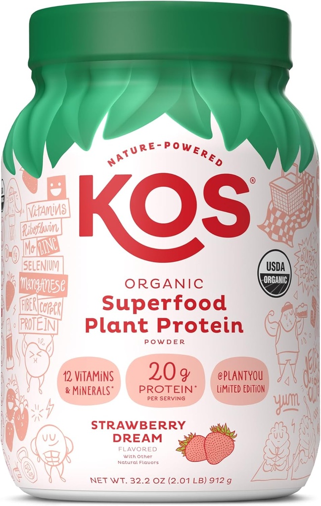 KOS Edición Limitada Planta Proteína Powder, Sueño de Fresa - Pea Orgánica Proteína Blend, Superalimentos Veganos Ricos en Vitaminas & Minerales para Hombres Mujer - Hecho Sin Leche, Soy, Gluten - 24 Servimientos