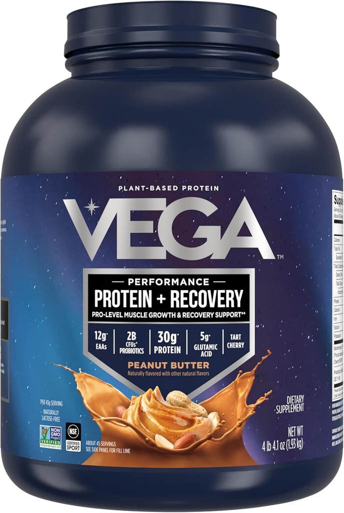 Vega Sport Vegan Protein Powder + Recuperación - 30g Proteína basada en plantas por Serving, Mantequilla de maní, 45 Servimientos, 5g BCAAs, Probióticos, NSF certificado, para Shakes &amp; Smoothies, 4.2lbs (Paquete May Vary)