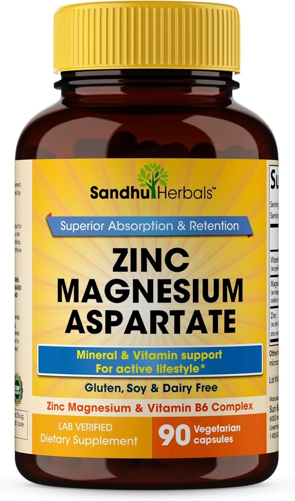SANDHUHERBALS Zinc Magnesium Aspartate Suplemento 90 cápsulas sometidas con vitamina B6 " Zinc  sometida High Absorption, Sleep and Immune Support  durable for Men &amp; Women