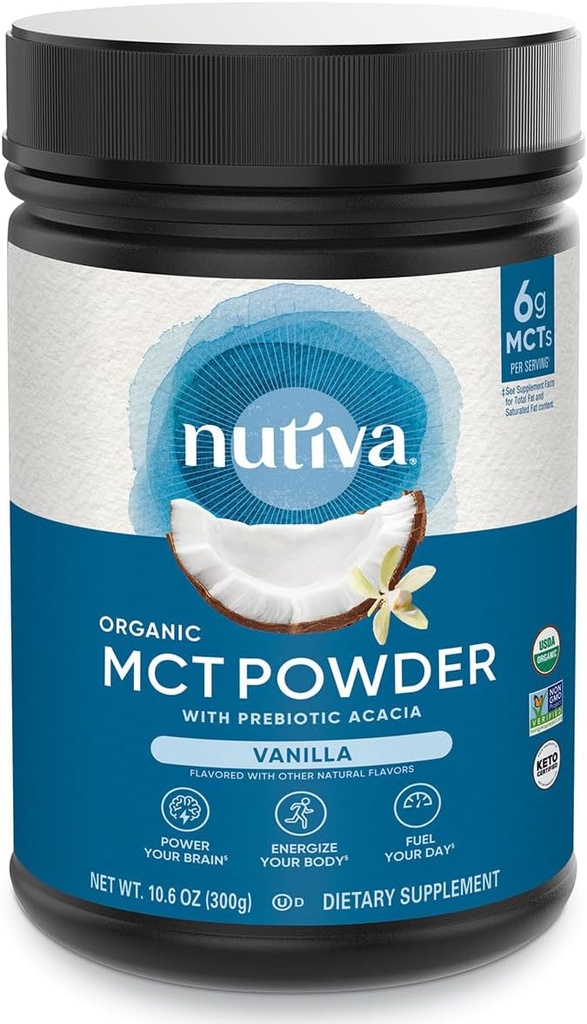 Nutiva Organic MCT Polvo con fibra de acacia prebiótica, vainilla, 10.6 Oz, USDA Organic, Non-GMO, Non-BPA, Vegan, Gluten-Free, Keto & Paleo, Beverage instantáneo o Boost to Coffee &amp; Smoothies