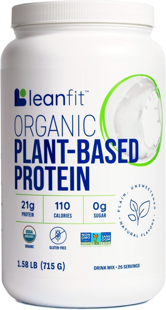 LeanFit Organic Plant-Based Protein, Unflavored, 21g Vegan Protein, 26 Servings, 1.58 Pound (715g) Tub, Low Calorie, Soy-Free, Gluten-Free, Lactose Free, Sugar-Free, Non-GMO