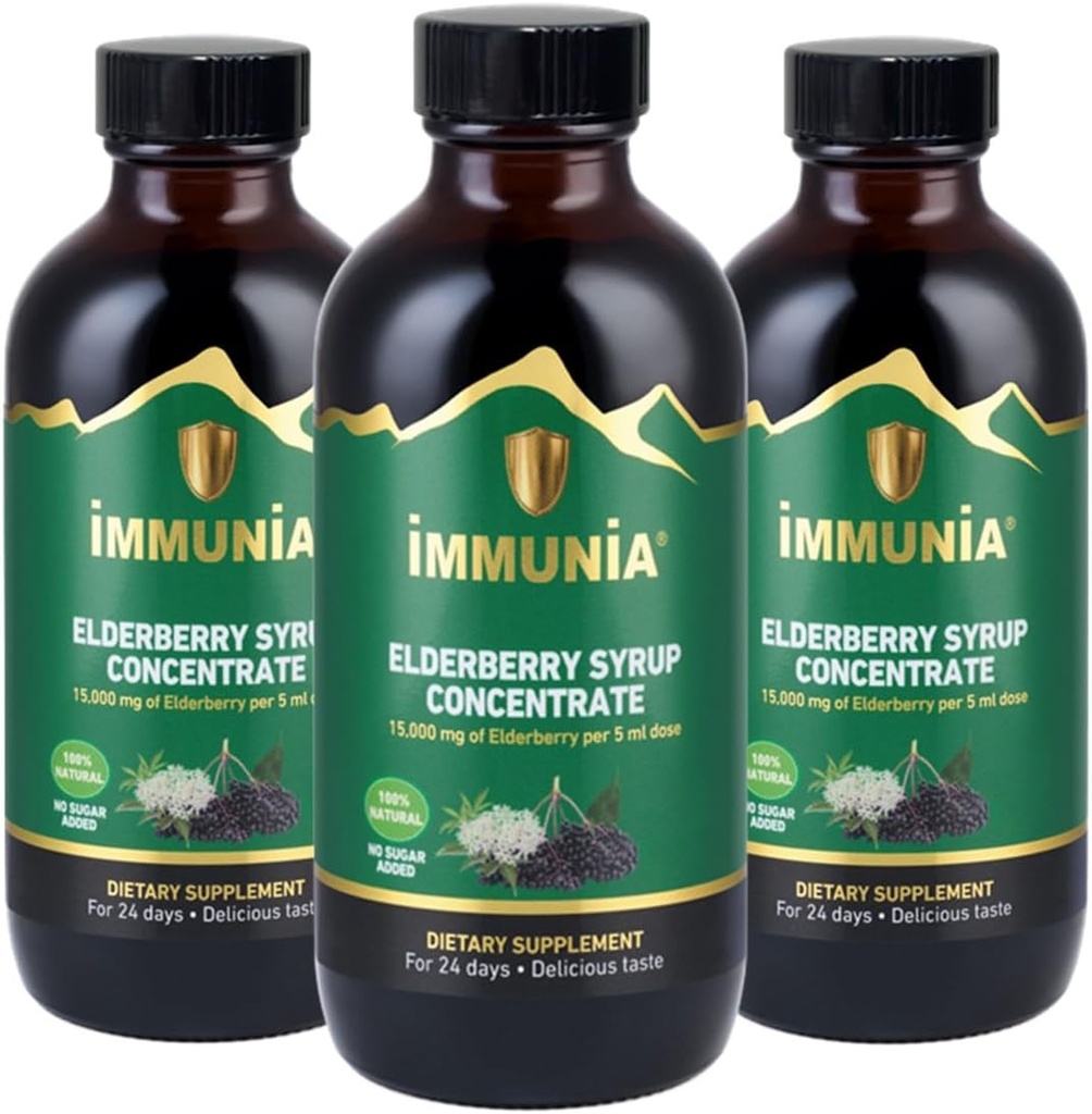 Immunia Elderberry Syrup Helps Strengthen The Immune System. Elderberry Concentrate with Elderflower, Thyme and Peppermint. No Sugar Added. Delicious Taste. 24 Days/Bottle. (3-Pack)