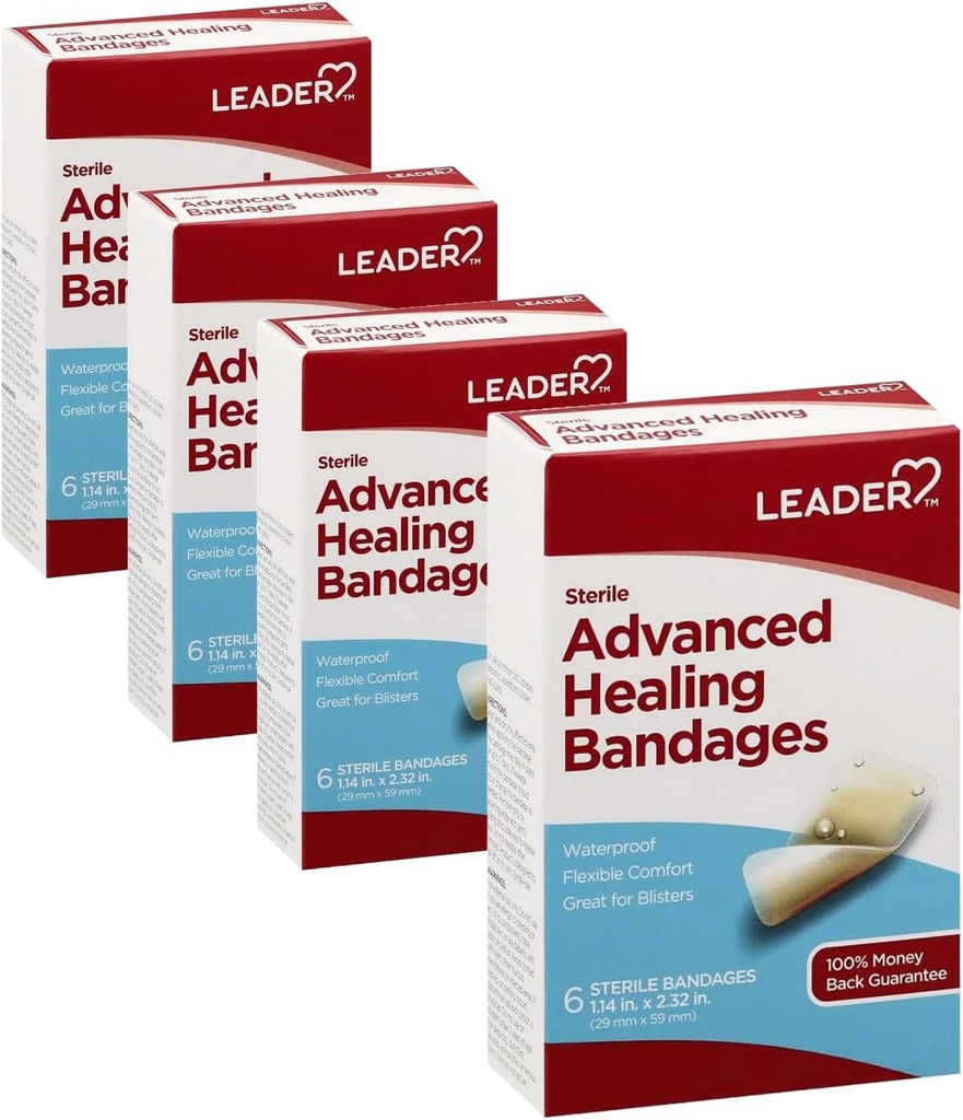 Líder Adhesivo Bandages Advanced Healing, Grande Una Talla, 6 Cuenta - impermeable y flexible - 4 Pack