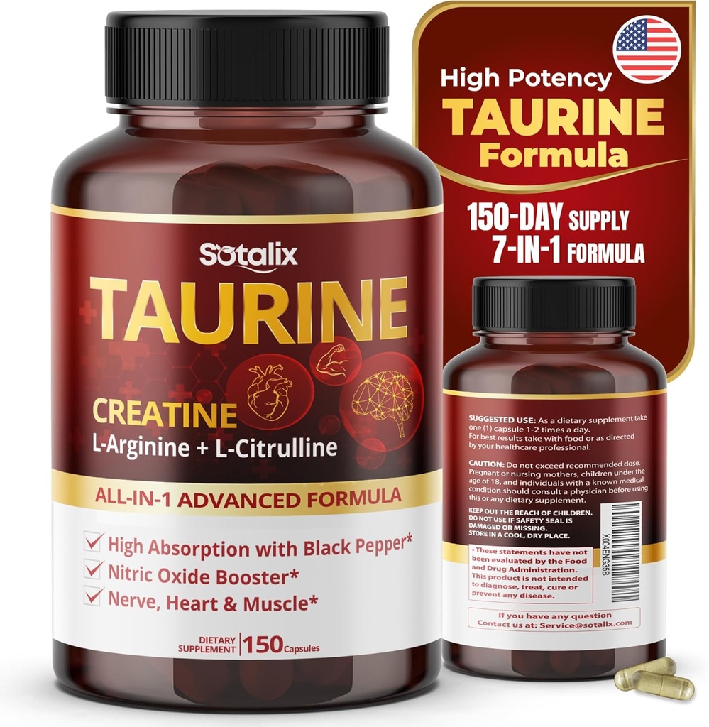 Taurina con Cretina, L-Arginina, L-Citrulline Alta Absorción con Nitric Oxide Booster Negro, Muscle USA Hecho " Tested (150 Conde (Pack of 1))
