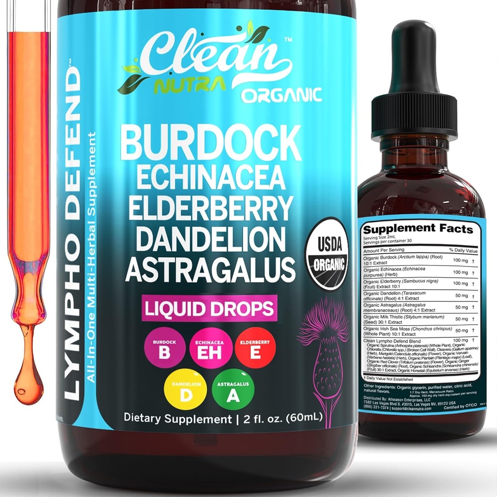 Orgánica de drenaje linfático Suplemento Silencio Apoyo linfático gotas  durable Burdock Root Echinacea Elderberry Dandelion Astragalus Milk Thistle Sea Moss Rojo Clover Cleanse Marigold got by Clean Nutra