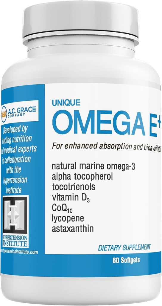 UNIQUE E A.C. Grace Company Omega E+ - Fish Oil Supplement - with Marine Omega-3 Fatty Acids, Vitamin E, Vitamin D3, and CoQ10 - Ayuda a apoyar el corazón, el cerebro y la salud de la piel - 60 Softgels
