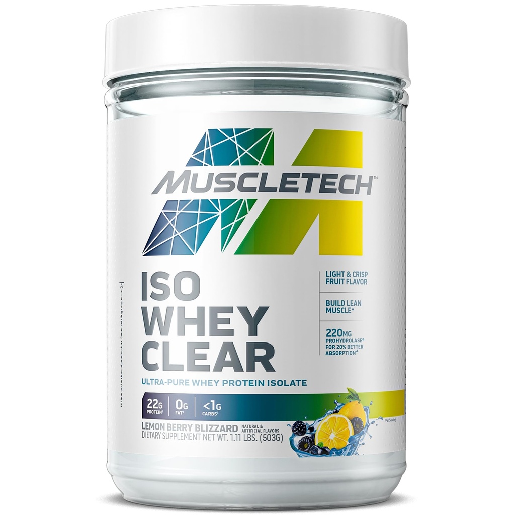 MuscleTech Whey Protein Powder Clear Whey Protein Isolate Whey Isolate Protein Powder for Women &amp; Men Clear Protein Drink 22g of Protein, 90 Calories Lemon Berry Blizzard, 1.1lb(19 Servings)