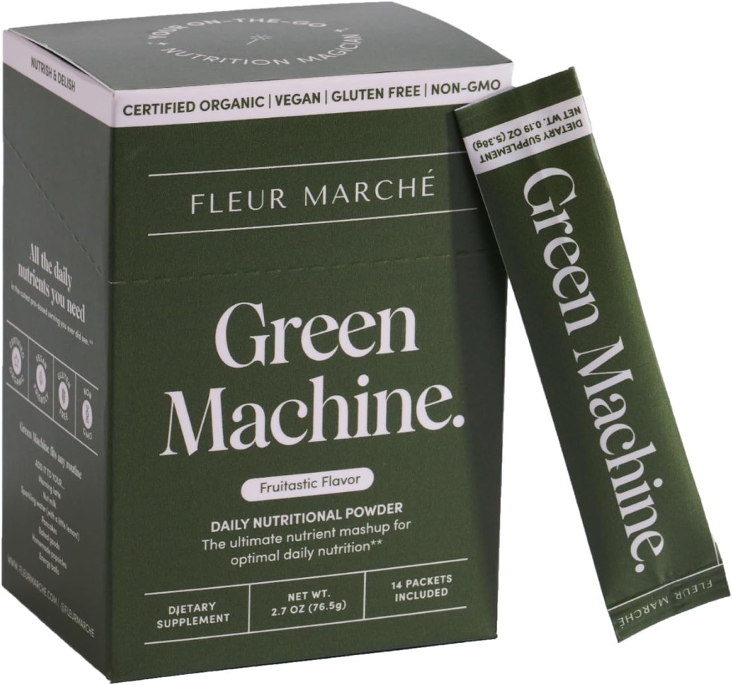 Fleur Marche Green Machine Super Greens Powder Packets - Organic Greens, Fruit &amp; Probiotics - Superfoods for Digestion, Energy, Microbiome Support &amp; Detox - On-The-go Green Juice - 14 Packets