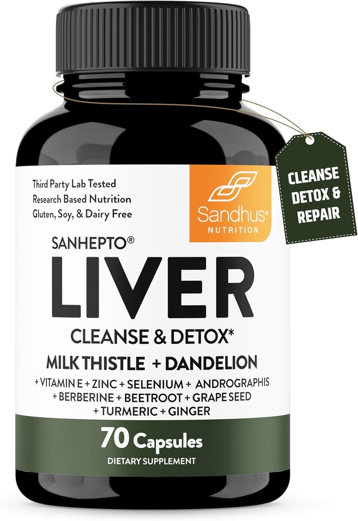 Sandhu's Liver Cleanse Detox &amp; Reparación Soporte ← 70 Capsules (Pack of 1) ← Herbal Supplement for Liver Health TEN LLEK Thistle Dandelion Root Andrographis with 8 Minerals