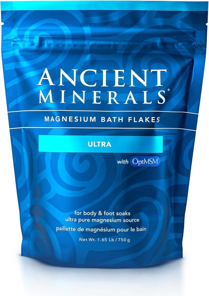 Minerales antiguos Brillantes de baño de magnesio Ultra con OptiMSM – Puro Zechstein Magnesium Chloride y sal de baño de azufre orgánico, Soothing Mineral Soak for Skin & Body, 1,65 lb