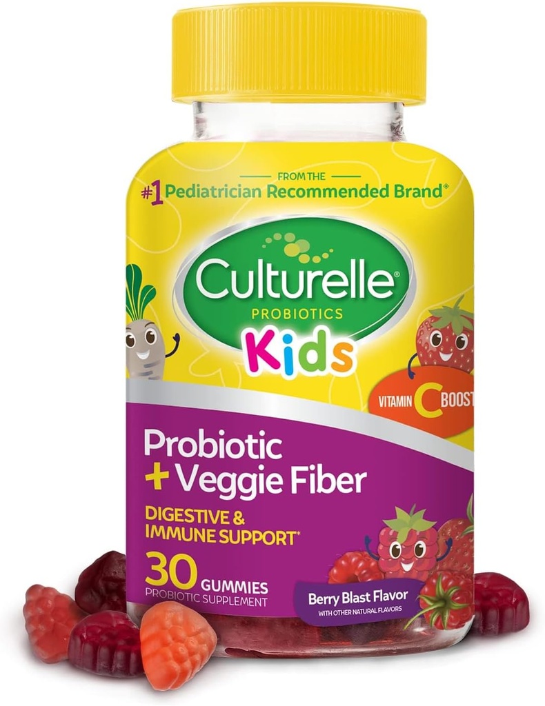 Cultura Probiótico diario para niños + guantes de fibra de verduras (Ages 3+) 30 Conde Berry Flavor - Probióticos para la salud digestiva &amp; Immune Support Plus Vitamin C Kids Boost