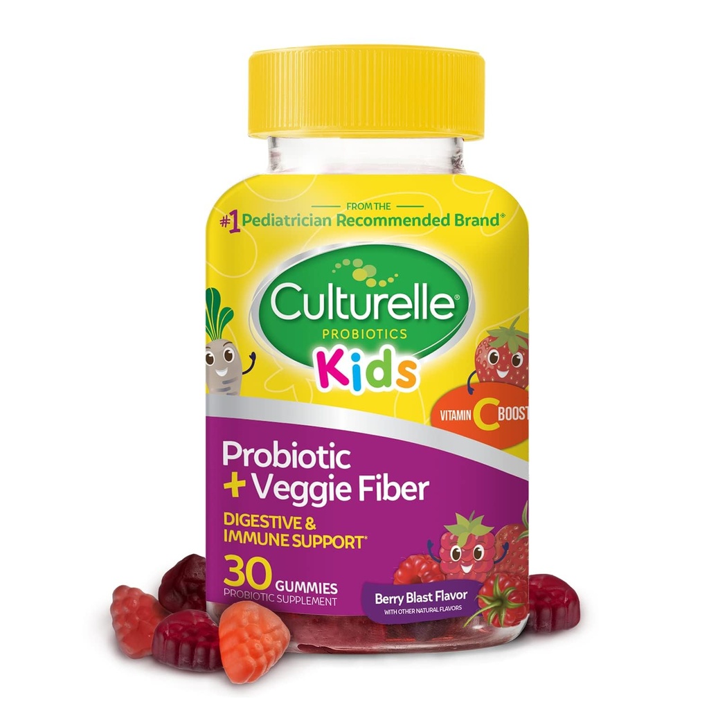 Cultura Probiótico diario para niños + guantes de fibra de verduras (Ages 3+) 30 Conde Berry Flavor - Probióticos para la salud digestiva &amp; Immune Support Plus Vitamin C Kids Boost
