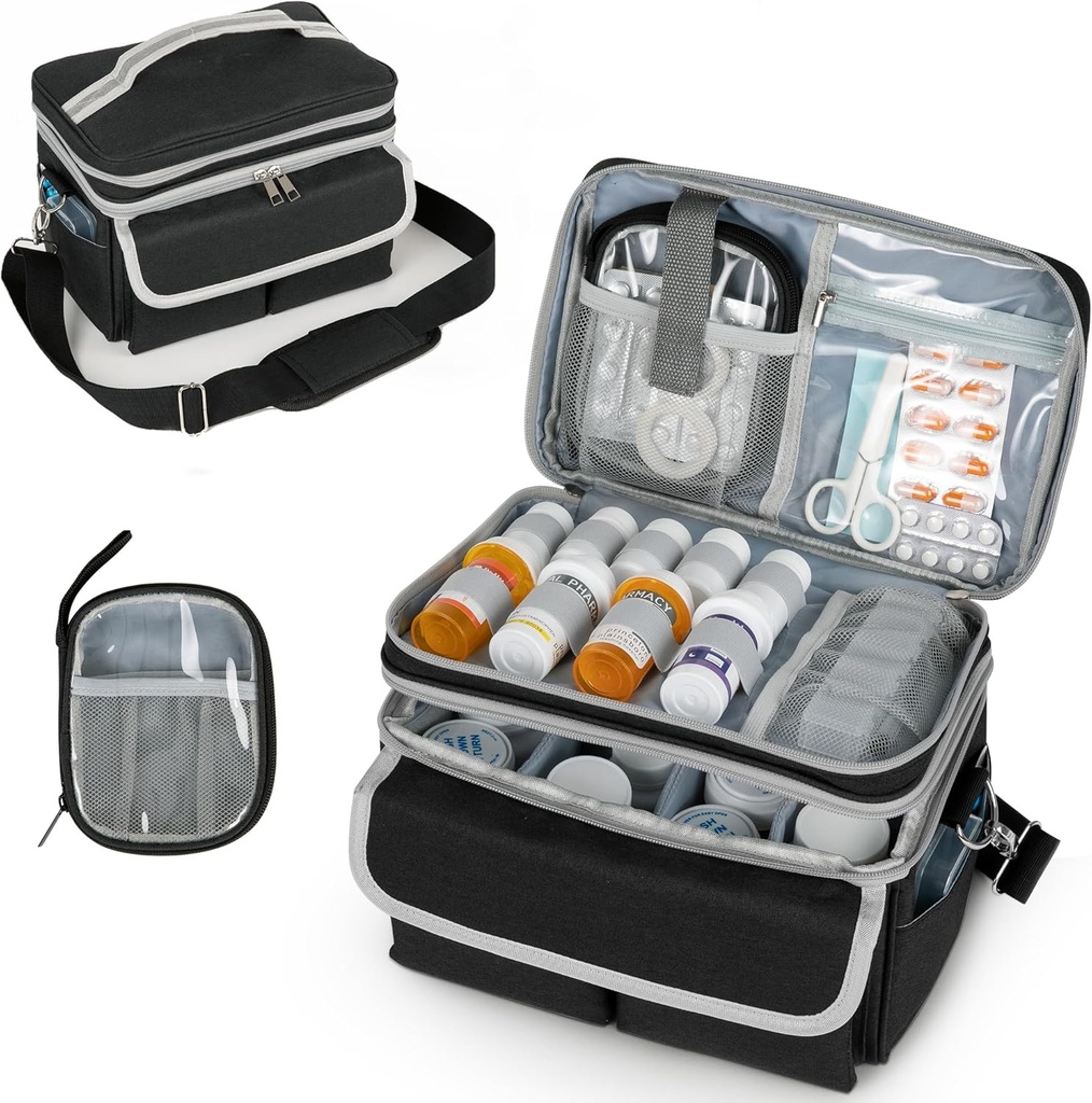 Bolsa de almacenamiento de medicamentos, organizador de botellas con cuero de hombro, caja de organizador de medicina de viaje, kit de primeros auxilios con bolsa pequeña portátil, organizador de botella de medicamentos vacío negro