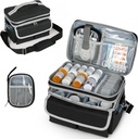 Bolsa de almacenamiento de medicamentos, organizador de botellas con cuero de hombro, caja de organizador de medicina de viaje, kit de primeros auxilios con bolsa pequeña portátil, organizador de botella de medicamentos vacío negro