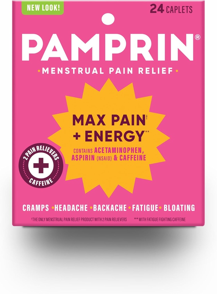 Pamprin Maximum Strength Max Doin and Energy Formula, Menstrual Period Symptoms Relief for Cramps, Bloating and Fatigue, 24 Caplets