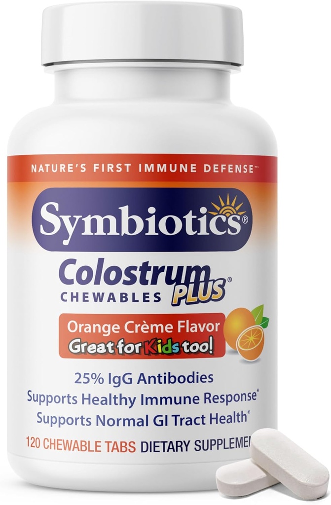 Symbiotics Colostrum 120ct Chewables Plus - Immunity Support for Adult &amp; Kids - Lactoferrin Supplement " Colostrum Protein - Supports Digestion " Gut - 25% lgG Anticuerpos, Gluten Free - Orange Creme