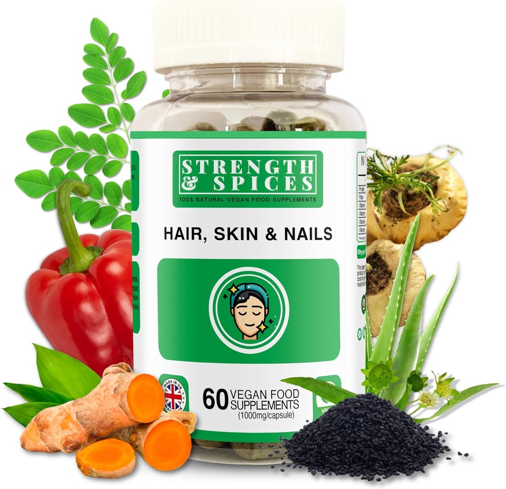 Strength " Spices Hair, Skin & Nails 100% Natural Supplement – 20 Ingredientes w Biotin Selenium " Zinc - 60 Vegan UK Made 1000mg Capsules