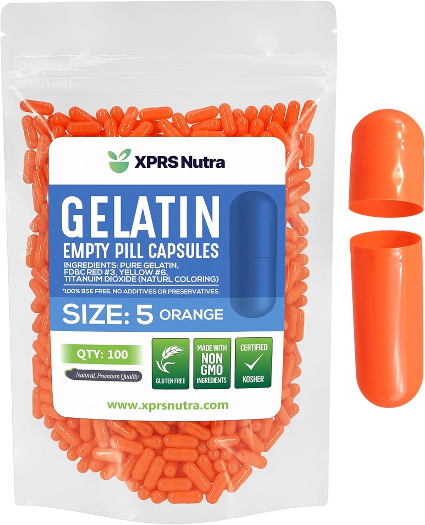 XPRS Nutra Size 5 Empty Capsules - 100 Cuentas Muy Pequeñas Gelatina Capsules - Pills DIY Capsule Filling - Fillable Pill Gel Caps for Do-It-youself Vitamin Supplements (Orange)