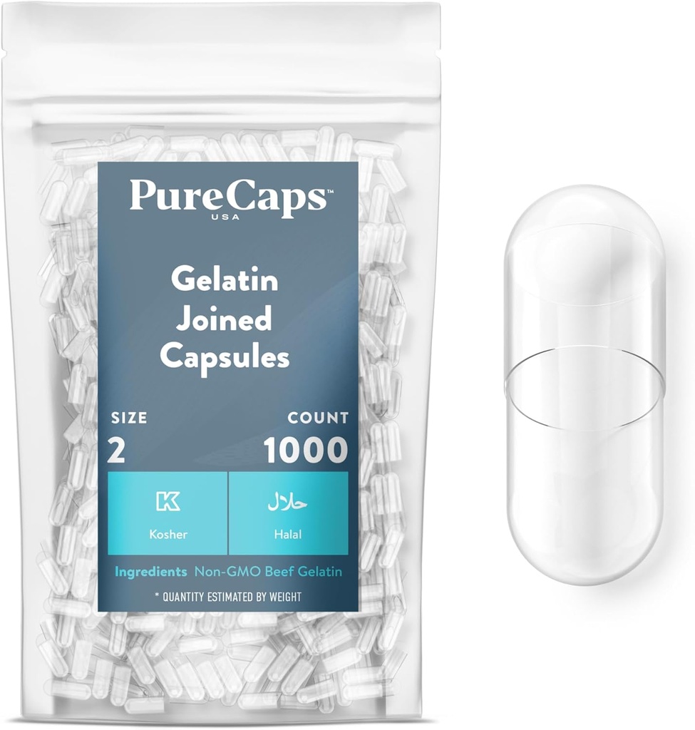 PureCaps USA - Empty Gelatin Capsules Tamaño 2 vidas 1000 Únete a Pills   Clear Anterior Non-GMO Certified  durable SLS, Gluten, Preservative Free