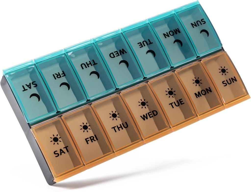 Gran organizador de píldoras 2 veces al día, caja de píldoras semanales, caja de píldoras AM PM, Contenedor de píldoras de día 7 días, dispensador de medicina de caso de vitamina dos veces al día (Orange & Green)