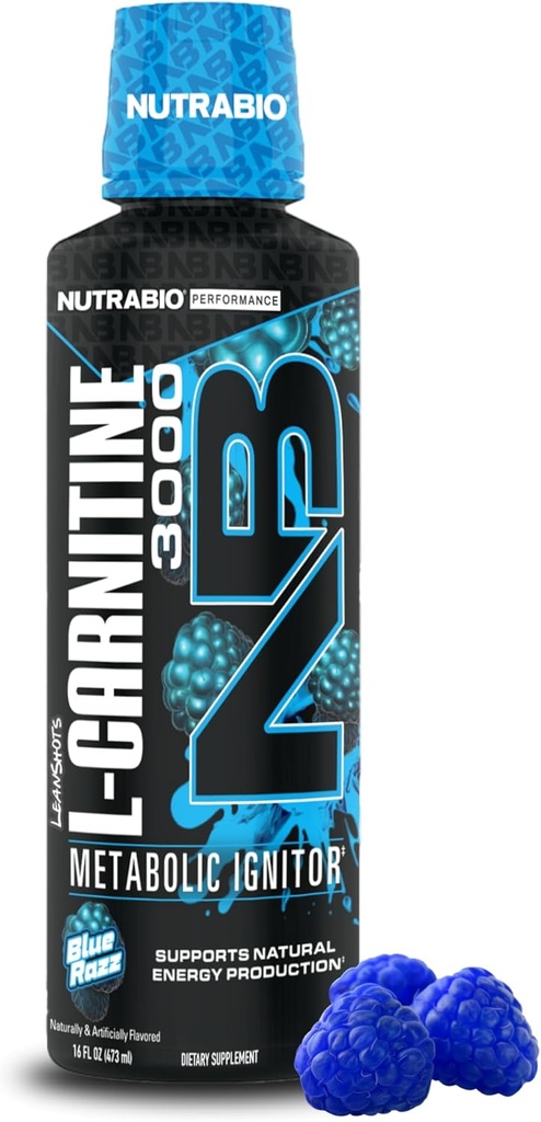 NutraBio – L-Carnitine Liquid Shots – 3000mg, (Blue Razz) – 10 mg de vitamina B-5 – Zero Carbs & Azúcares – Producción energética – Recuperación muscular